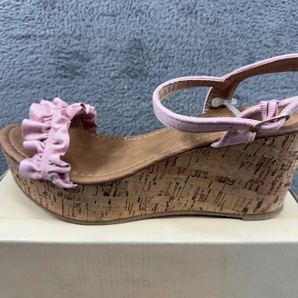 Yoki Carrin-40 Blush Pink Ruffle Cork Wedge Platform Sandals Womens 7.5‎